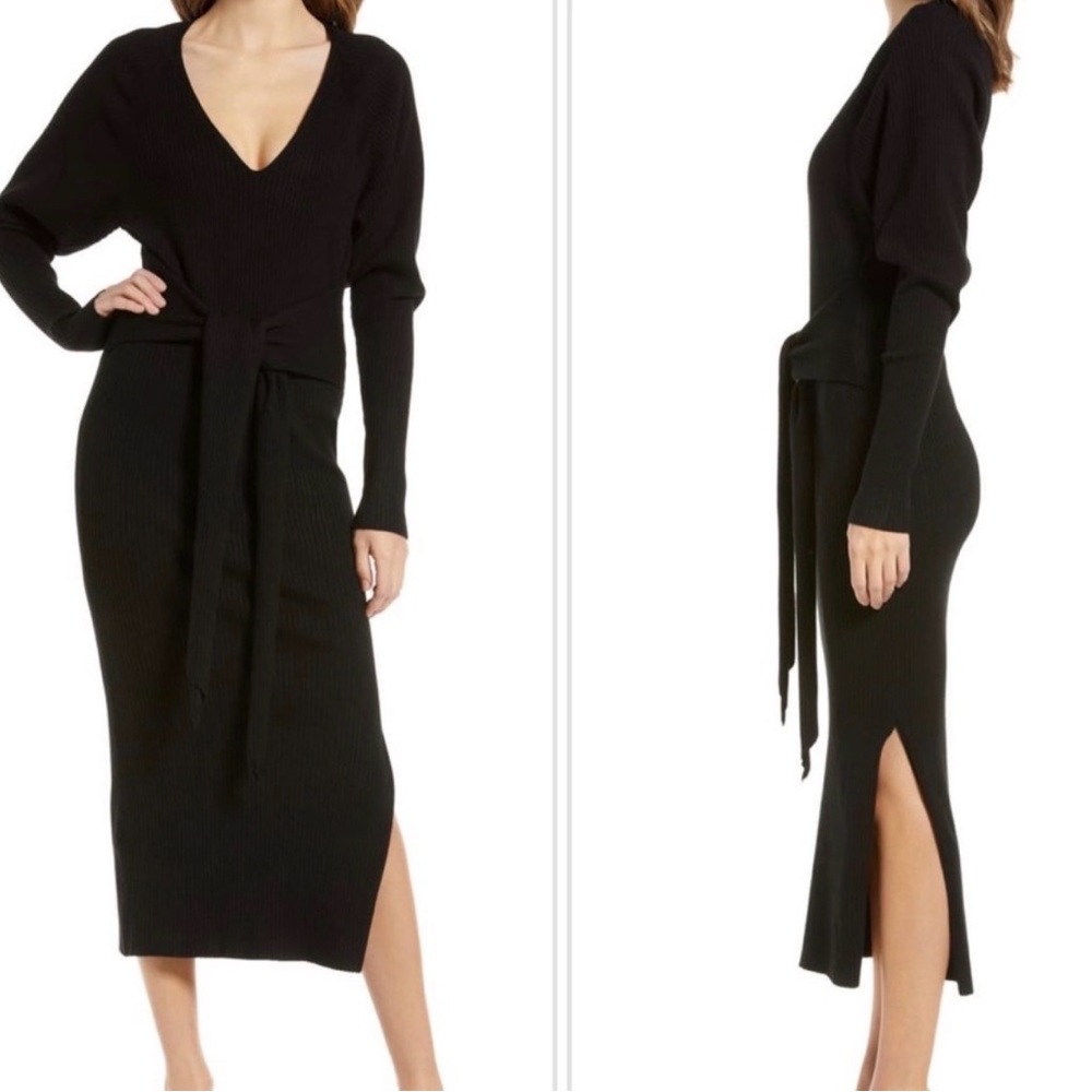 Good American Black Ribbed Wrap Midi Dress - Long Sleeve - Picture 3 of 4
